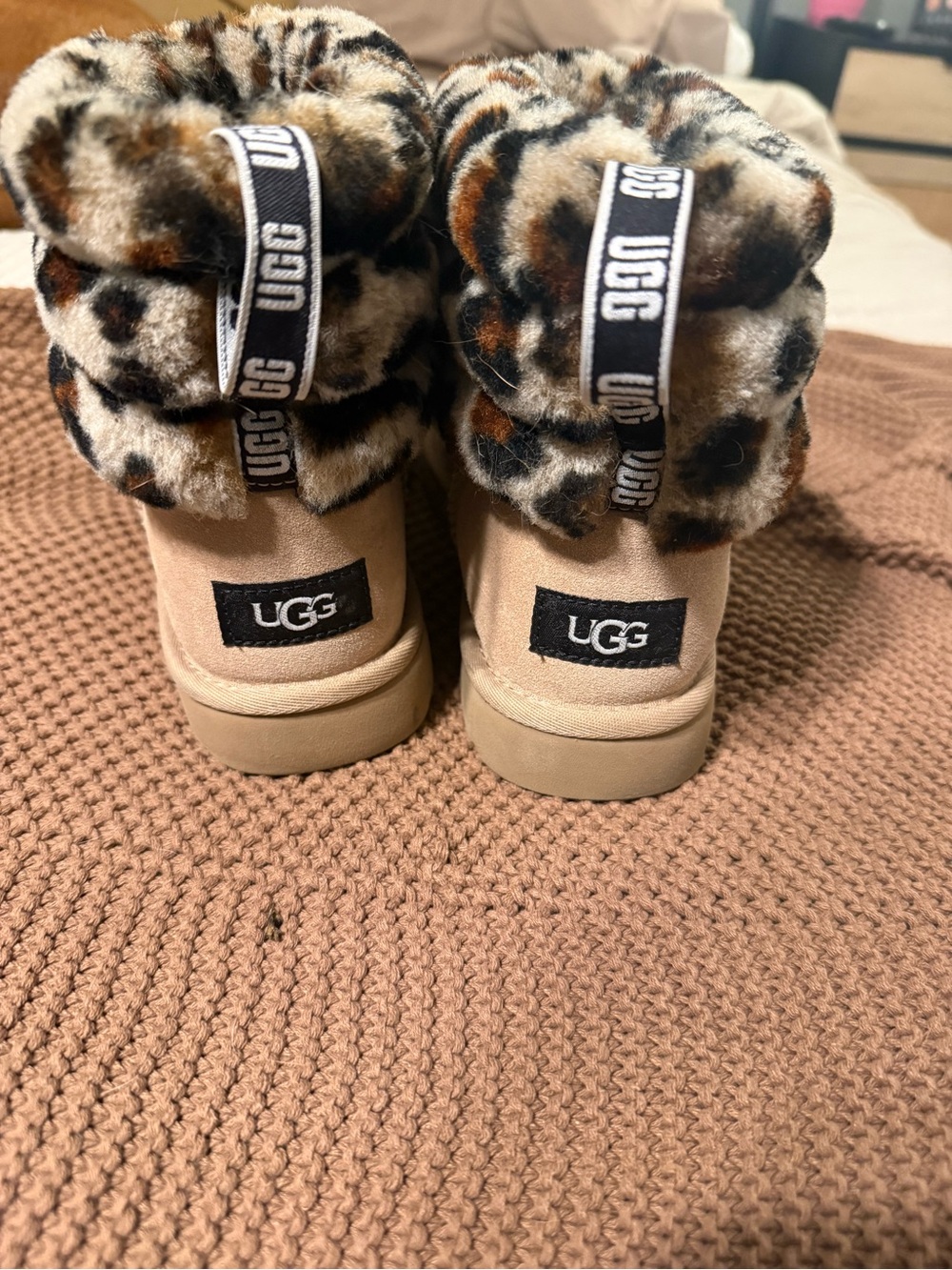UGG Leopard Faux Fur Cuff Mini Boots in Chestnut and Black